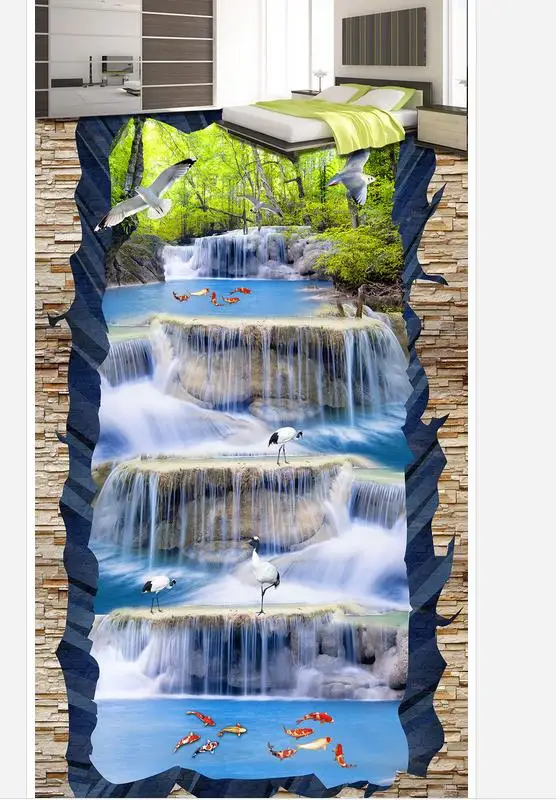 3D обои для пола водопад пейзаж журавль рыба|pvc flooring wallpaper|floor 3d wallpaperfloor wallpaper |