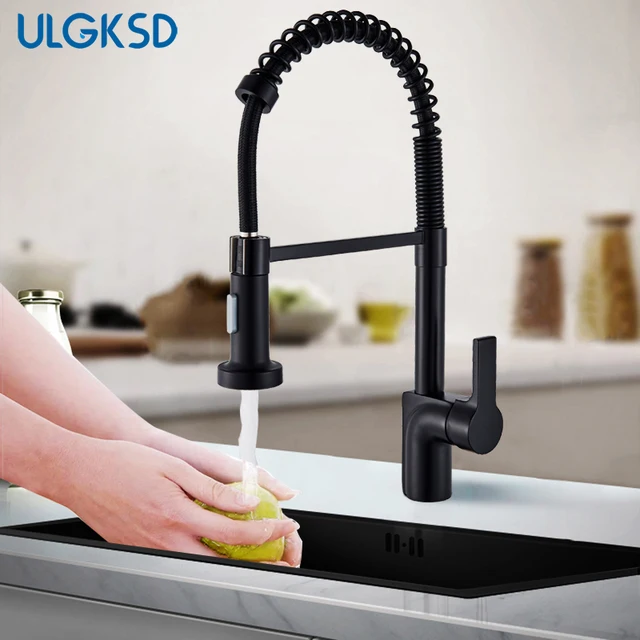 Cheap ULGKSD Black/Brushed Kitchen Faucet Deck Mounted Hot Cold Water Mixer Faucet Kitchen Pull Down Mixer Spring Crane 2 Function 