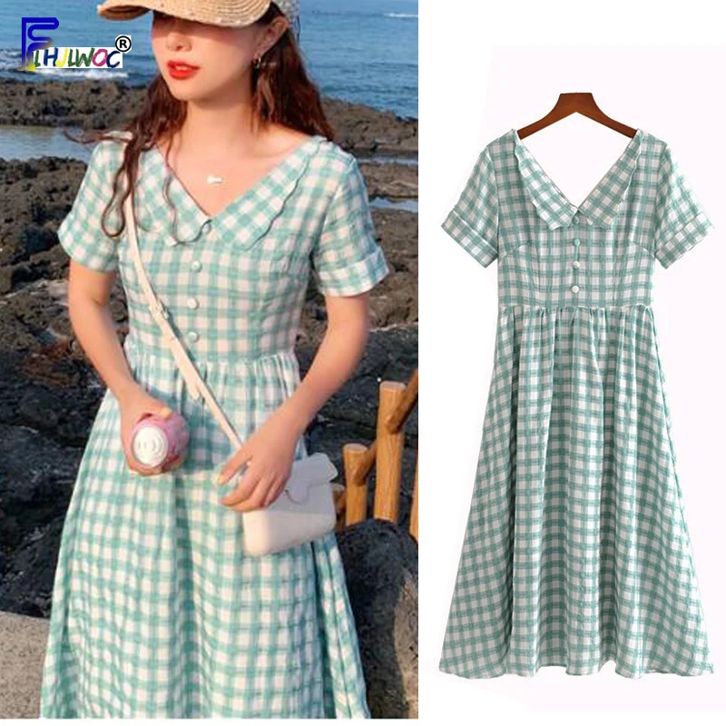 

lattice Cute Dresses Long Hot Sales Fashion Woman Date Holiday Japan Style Design A Line Green Plaid Shirt Dress Button 6329