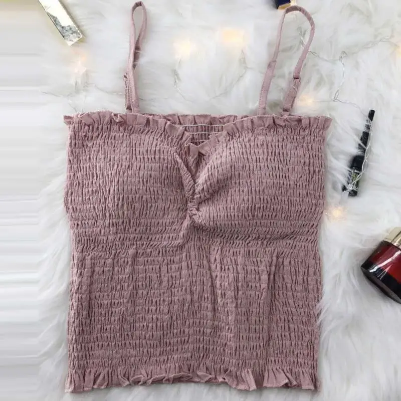 

2019 Women Summer Sexy Ruffled Umbilical Outer Wear Short Versatile Camisole Elastic Solid Color Adjustable Shoulder Strap Vest