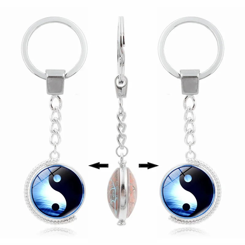 

XUSHUI XJ Yin Yang Tai Chi Glass Pendant Keychain Double Side Rotatable Silver metal key ring key chain Fashion Accessories