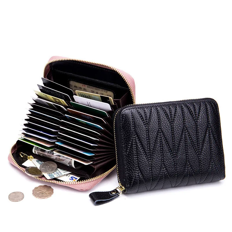 

RFID Blocking Genuine Leather Women Wallet with Zipper Coin Pocket Medium Lady Purse by 24 Card Slot