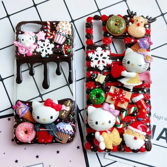 

DIY case for iphone 8 7 6 6s plus Xs max 3D hello kitty phone cover for iphone XR X handmade cream candy case Christmas gift