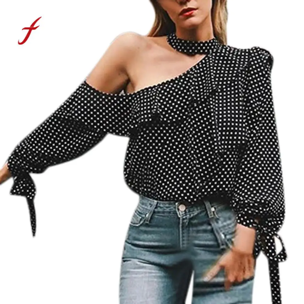 

Feitong Elegant Business office Blouse Women One Shoulder Polka Dot Blouse Tops Lantern Sleeve Chiffon Bow Shirt /PY