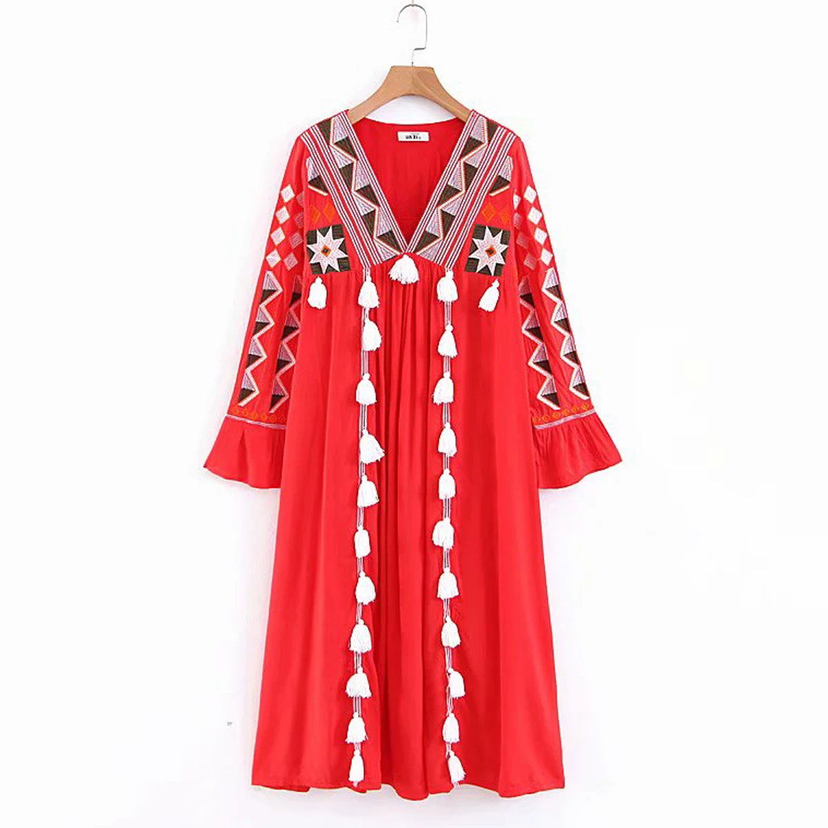Jastie, осеннее платье с v-образным вырезом и длинным рукавом, бохо, вышивка, помпон, кисточки, винтажные платья, женское свободное украинское платье, женские платья - Цвет: Красный