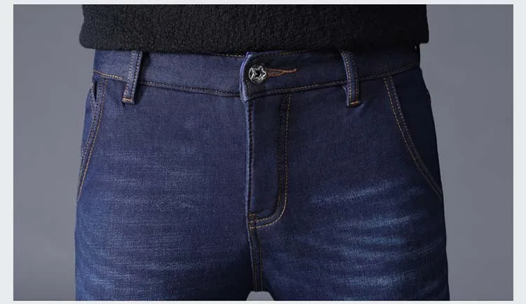 Высокое качество известный бренд осень зима теплые стекаются теплые мягкие мужские джинсы прямые высокие стрейч ноги узкие джинсы мужские