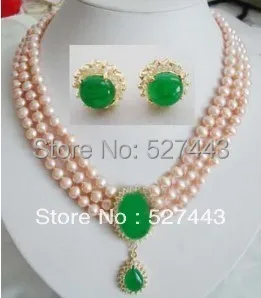

Wholesale free shipping >>Stunning 3 rows pink Pearl jade Necklace earring set