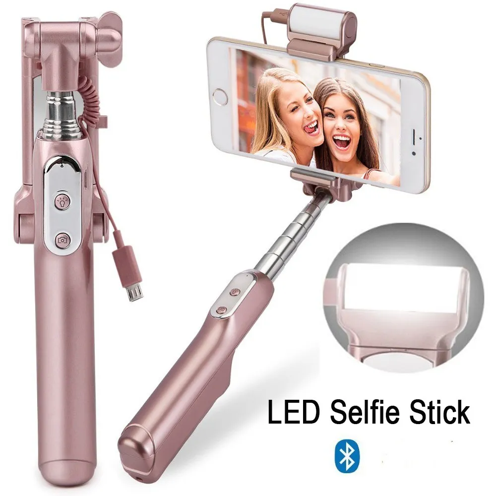 

Bluetooth Selfie Stick Handheld Camera Foldable Mini Monopod with Rear Mirror/LED Selfie Fill Light Handle Mini Self Pole Tripod