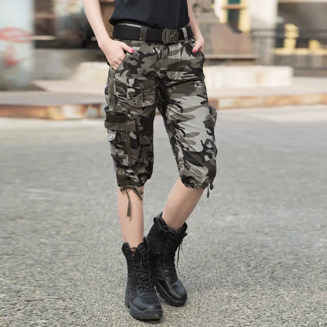 Summer Women's Tactical Army Camouflage Straight Knee Length Short