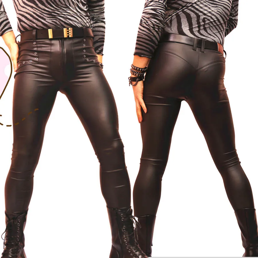 

Matte PU Punk Style Pencil Pants Faux Leather High Elastic Tight Trousers Men Glossy Silky Skinny Legging Stage Bar Show Pants