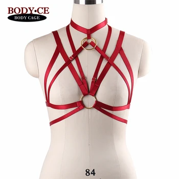 

Womens Sexy Body Harness Belt Wine Red Elastic Strappy Tops Caged Bra Alluring Bondage Lingerie 90's Goth Exotic Appare Cosplay
