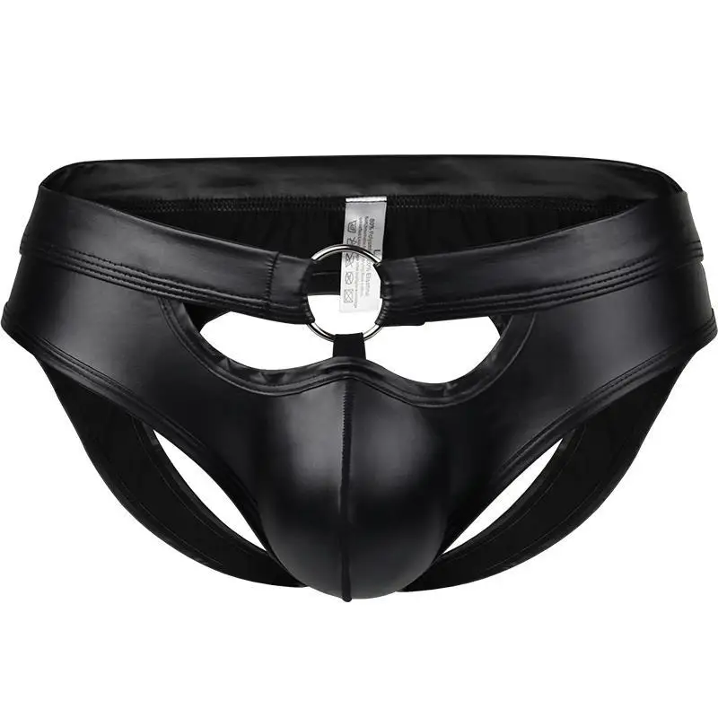 

Sexy Men PU Faux Leather Cockring Briefs Hollow Out U Convex Pouch G-string Open Crotch Breathable Briefs Gay Wear Underwear F10