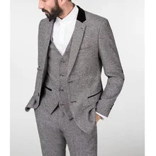 Gray Winter Tweed Men Suit 2018 Tailed Made Wedding Groom Tuxedo Three Piece Costume Jacket Pants Vest Formal Style Blazer