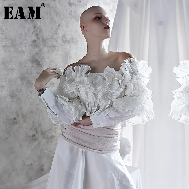 

[EAM] 2019 New Autumn Winter Slash Neck Long Sleeve White Ruffles Split Joint Loose Temperament Shirt Women Blouse Fashion JX635