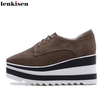 

Lenkisen popular square toe lace up kid suede platform leisure thick high heels wedges solid shopping meeting women pumps L6f5