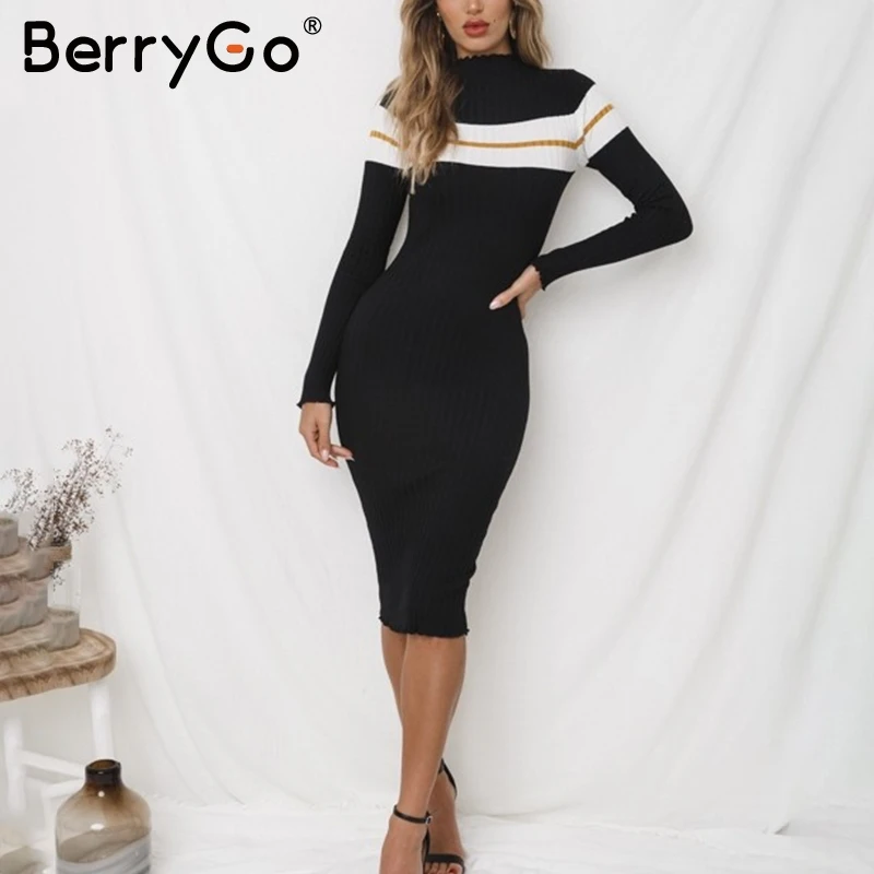 BerryGo Повседневный свитер в полоску вязанное облегающее платье женский