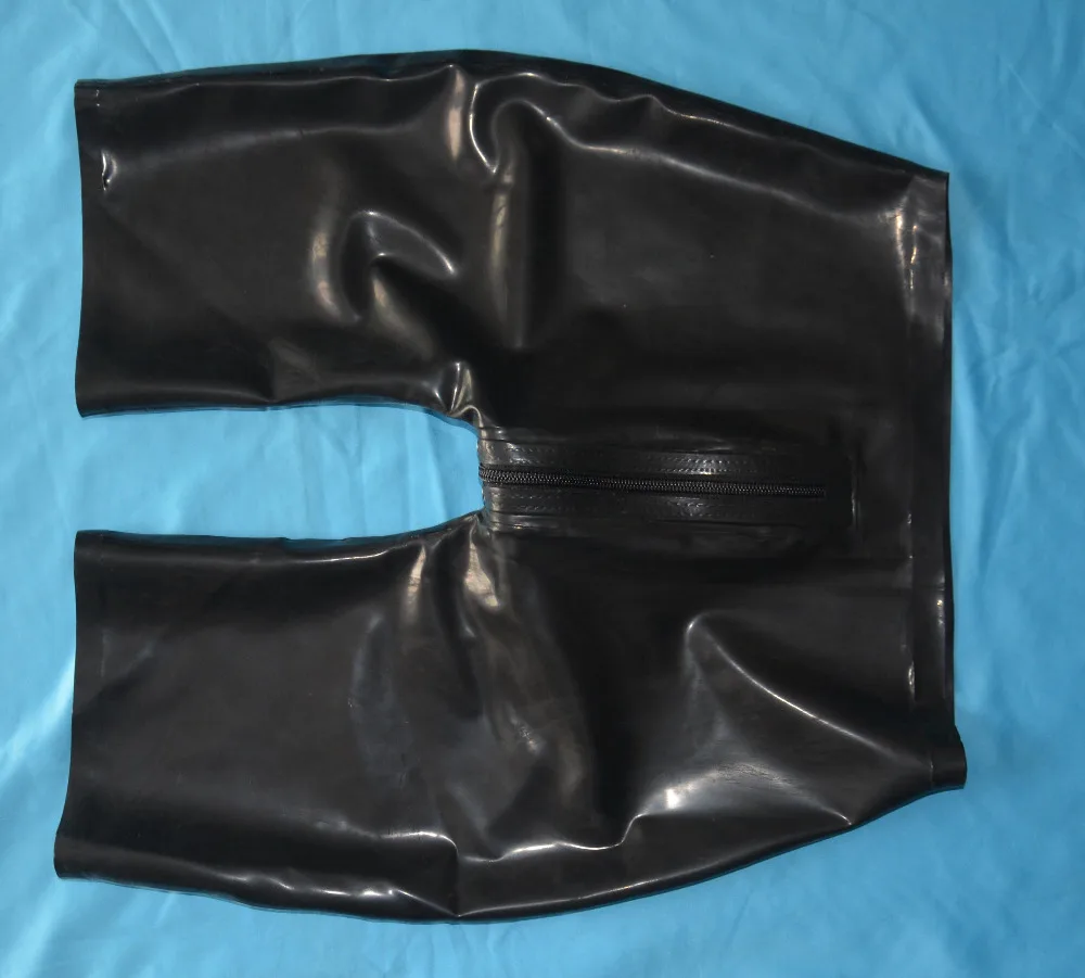 Rubber trousers latex shorts for men with 2 way crotch zippers half length pants