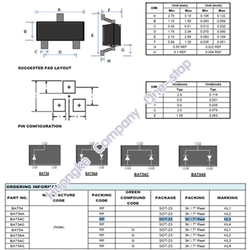 BAT54C Mark KL3 BAT54 KL1 SOT-23 SMD BAT54A Mark KL2 BAT54S Mark KL4  P-Channel Enhancement Mode MOSFET