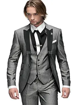 Cena 2018 Klienta Wykonane Formalna światła Szary Szczyt Lapel Groom Męskie Smokingi Garnitury ślubne Dla Mężczyzn Najlepszy Człowiek Garnitur (kurtka + Spodnie + Kamizelka + Krawat)