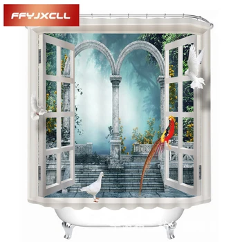 

Modern Shower Curtain Window Scenic Printing Polyester Fabric Waterproof Mildew Bathroom Curtain With 12pc Hook