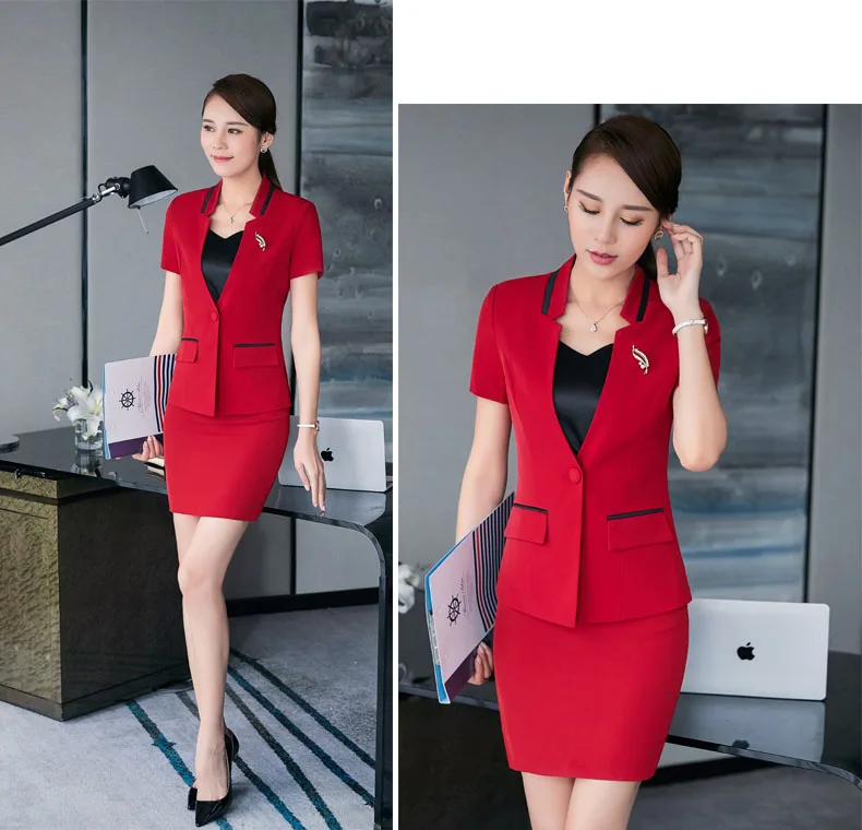 New Formal Summer Short Sleeve Career Suits With Tops And Skirt Plus Size Red Formal Blazers Beauty Salon Work Wear Clothing Set