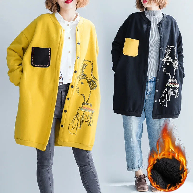 lower price  2019 plus size women fleece jacket coat cartoon print pocket patchwork V neck female casual long ov