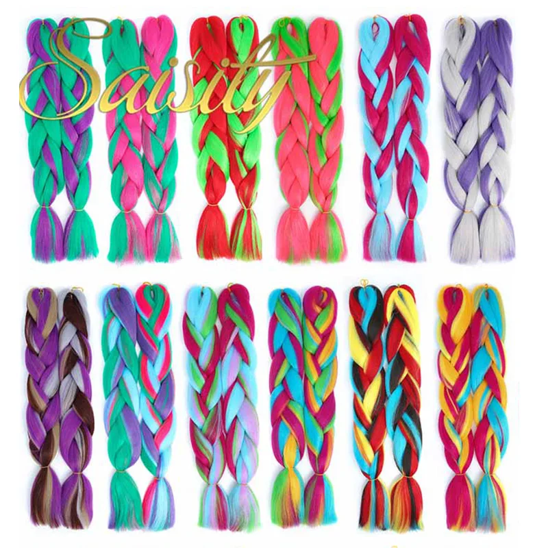 Saisity Synthetic Crochet Hair Extensions Jumbo Braids Purple Pink Blue Red Blend Color Braiding Hair