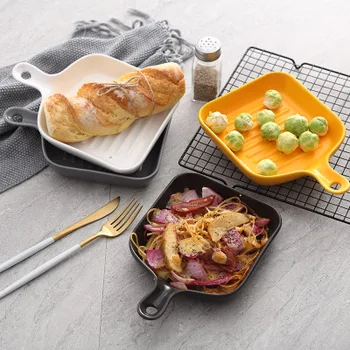 

Dishes & Plates Matt glaze square baked rice dish With handle Ceramic single handle plate Home oven microwave oven tableware C4