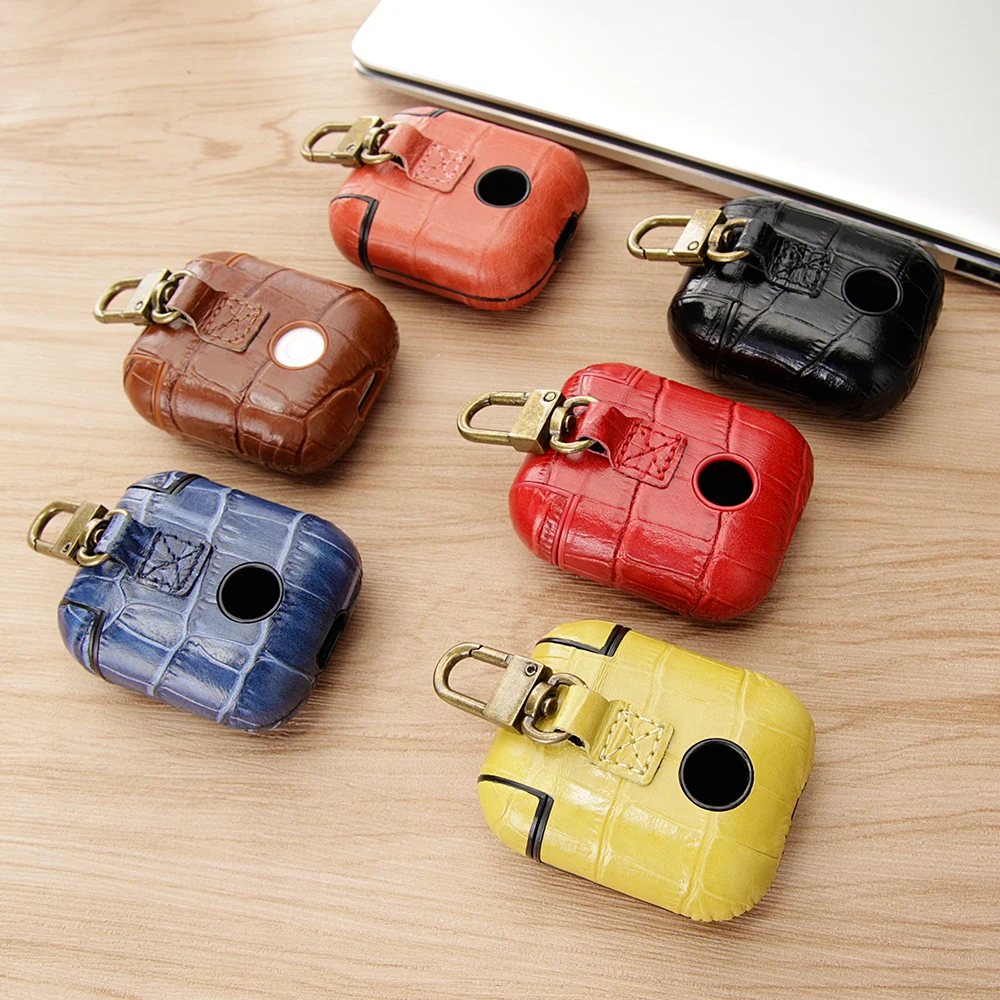 Genuine Leather Case for AirPods Luxury Crocodile Pattern 360 Full Protective Cover Storage Headphone Case with Keychain Hook