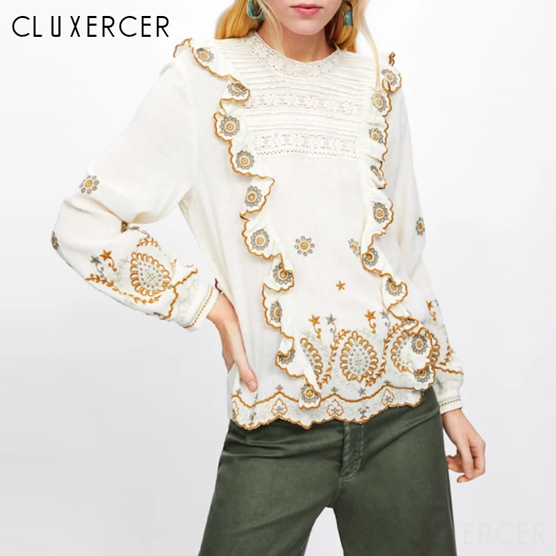 

Ladies Boho Ebroidery Flower Long Sleeve Loose Blouse Women Fashion Ruffles Casual Blouses Tops