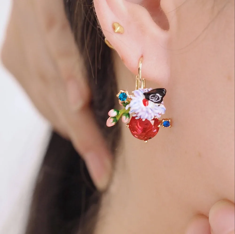 

2018 Amybaby Designer Handmade Enamel Glaze Blue Flower Red Stone Butterfly Necklace Hook Earring Adjustable Ring Jewelry
