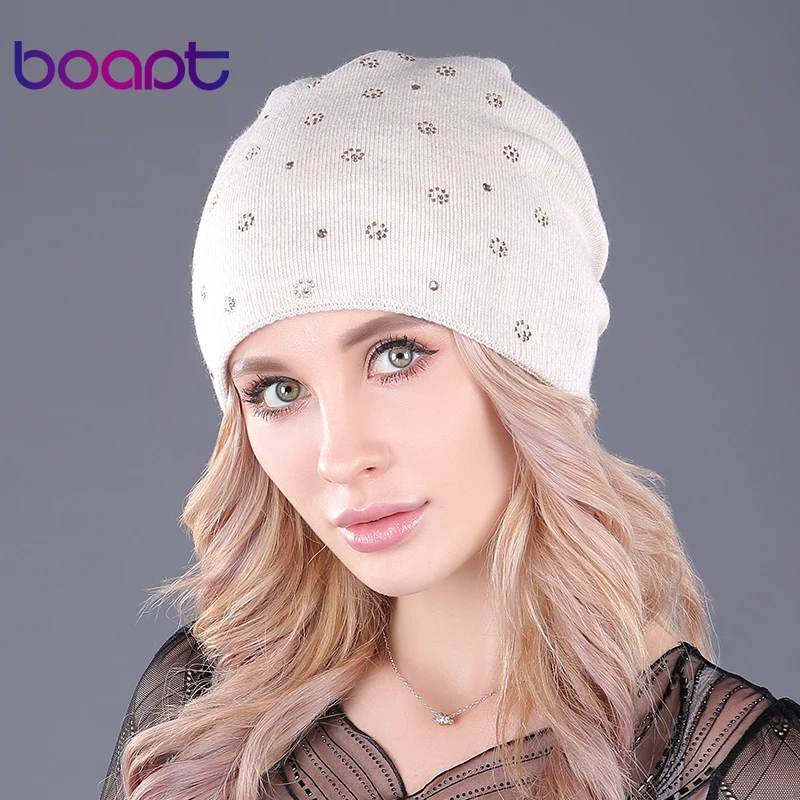 [Boapt] çift katlı kaşmir kıvrımlar örgü şapka kız caps kadın şapka sıcak kış bere kalın kadın skullies beanies kap