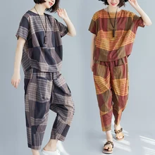 #0816 Front Pockets Harem Pants And Short Sleeve T Shirt Women Two Piece Set Tops And Pants Ladies Striped Printed Loose Casual stylish monkey king printed t shirt and pencil pants twinset for women