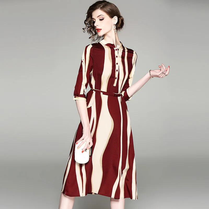 

women summer striped dress sashes slim stand collar chinese stylish modern Cheongsam dress elegantly quietly top quality