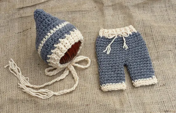 Детский вязаный костюм для новорожденных наряд для фотосессии эльфы вязаная шапка+ штаны комплект из 2 предметов бежевый с синим и серым