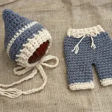 Детский вязаный костюм для новорожденных наряд для фотосессии эльфы вязаная шапка+ штаны комплект из 2 предметов бежевый с синим и серым