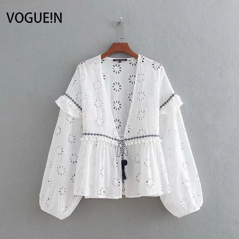 

VOGUEIN New Womens Hollow Embroidery Tassels White Cardigan Blouse Shirt Tops Wholesale