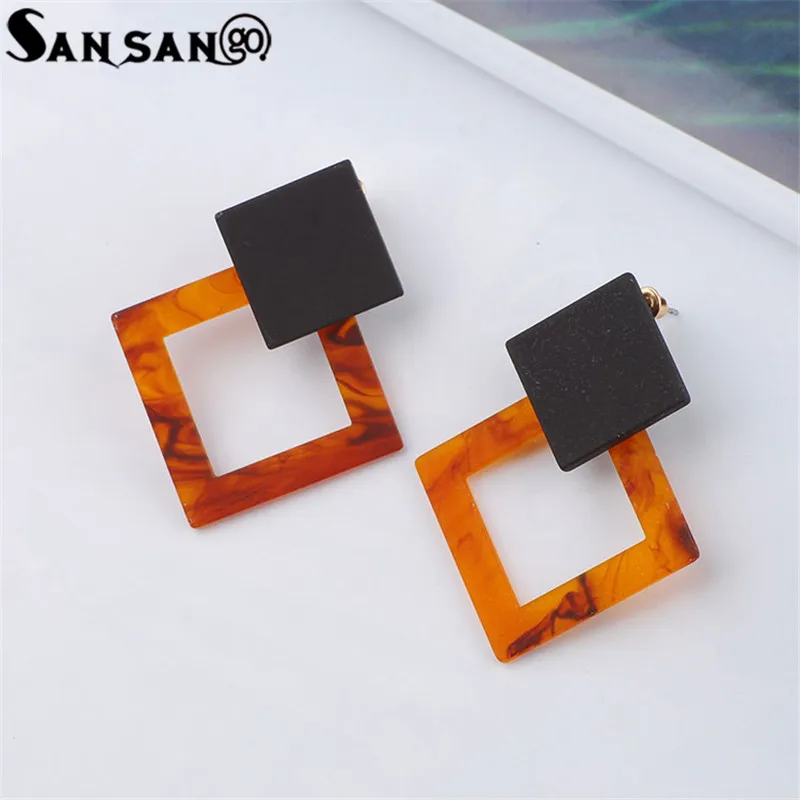 

New Arrival Orange Gray Color Double Square Geometric Resin Earrings For Woman Girls Dangling Ears Jewelry Accessories Brincos