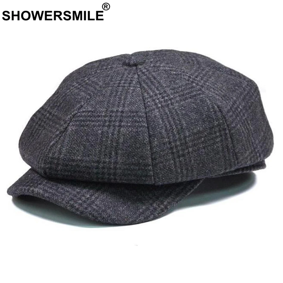 SHOWERSMILE брендовая клетчатая кепка Newsboy, Мужская винтажная шерстяная восьмиугольная кепка, Мужская теплая зимняя шапка для художника, серая кепка в британском стиле, s и головные уборы