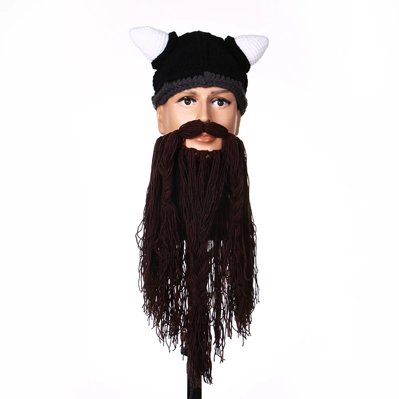  Bearded Horns Hand-knitted Hat Men Funny Gag Halloween Cap Winter Warm Handmade Barbarian Viking Beanie Beard Horn Caps CP0170  (5)