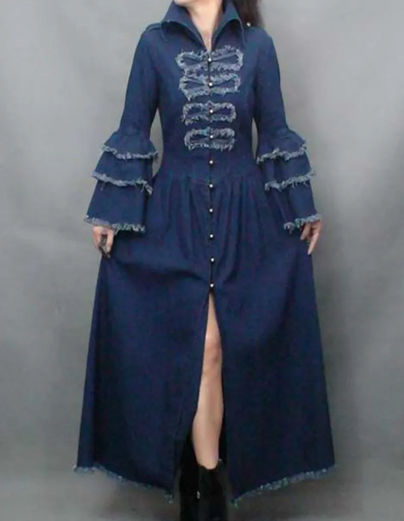 Модное Длинное длинное платье-Тренч для женщин Винтажная Джинсовая Верхняя одежда с кисточками расклешенный рукав размера плюс Королевское пальто S-XL - Цвет: denim blue