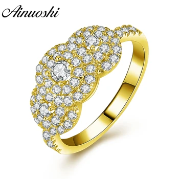 

AINUOSHI 14K Solid Yellow Gold Double Halo Ring Multi-Circles Pave Setting SONA Diamond CZ Wedding Engagement Woman Band Ring