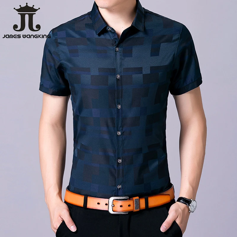 Short Sleeve Shirt Men Clothes 2019 Summer Mens Shirts Casual Slim Fit Geometric Plaid Camisa Masculina Cotton Chemise Homme-3XL