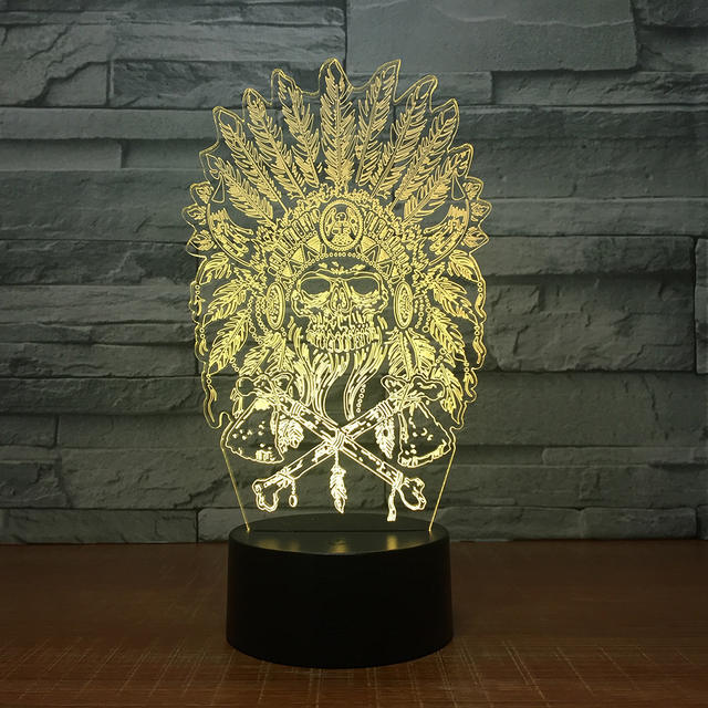 7 COLORS CHANGE 3D INDIAN CHIEF SKULL LED LAMP