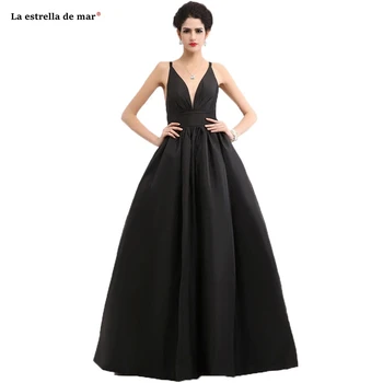 

Vestidos de gala new satin sexy V-neck halter A Line black prom dresses long simple evening dress cheap robe de soiree
