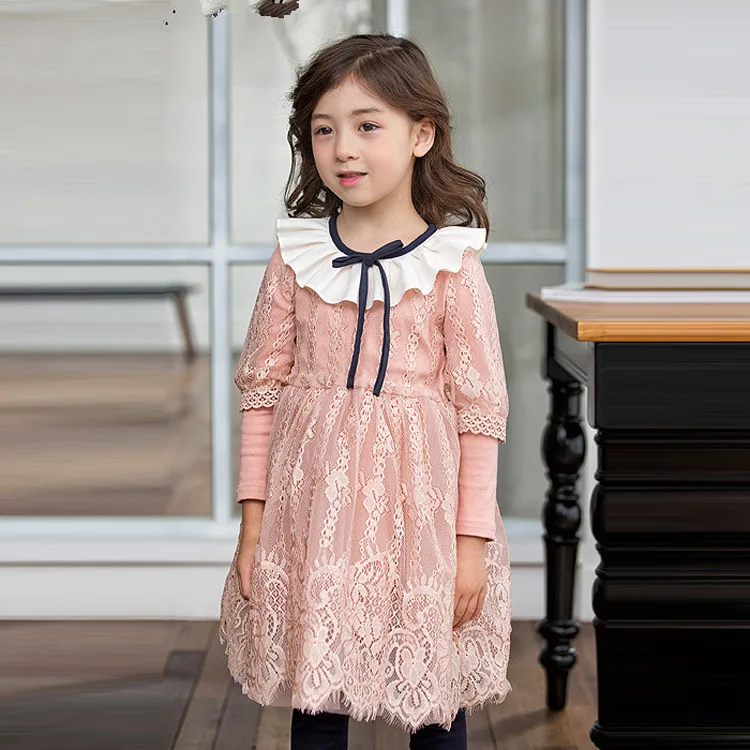 ФОТО Adorable Peter pan Collar Lace A-Line Flower Girl Dress Long Sleeves Knee Length Birthday Party Christmas Dress 0-12 Years Old