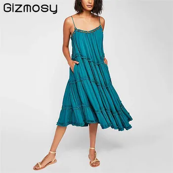

High Waist Lace-up Sling Dress Women's Wavy Folds Solid Color Beach Dress Female Bohemian Beaded Dresses Summer Fashion SY5072
