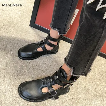 

Genuine Leather Women Sandal Boots Buckle Belts Round Toe Runway Women Shoes Round Toe High Top Hollow Autumn Female Ankle Boots