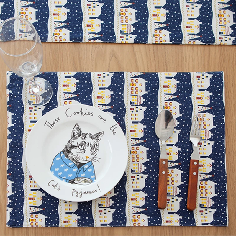 4pcs cotton linen pastoral cloth placemat table mat castle western pad