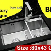 Квартира мыть овощи Кухня ручная раковина двойной паз роскошный 304 Нержавеющая сталь Горячая большой 80x43 см